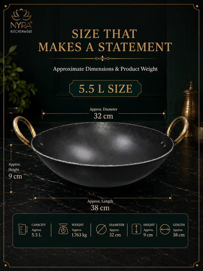 A black cast iron kadhai with gold-toned handles, shown with overlaid dimension labels and product specs on a dark background. The image includes the brand name NYRA KITCHENWARE and text stating size that makes a statement, 5.