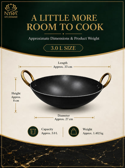 A black 3.0 L size kitchen kadhai/wok with gold-toned handles, shown with dimension lines and text on a cream and dark green graphic background.