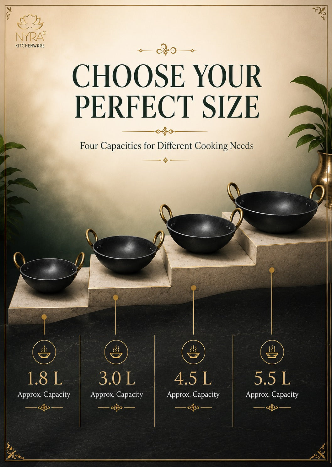 A size comparison infographic for four black cooking pots of increasing capacity: 1.8 L, 3.