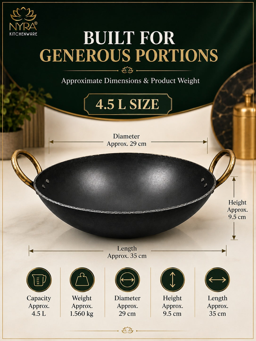 A black cast iron kadhai/wok with brass handles on a beige background, overlaid with dimension lines and text showing approximate measurements for a 4.5 L size.