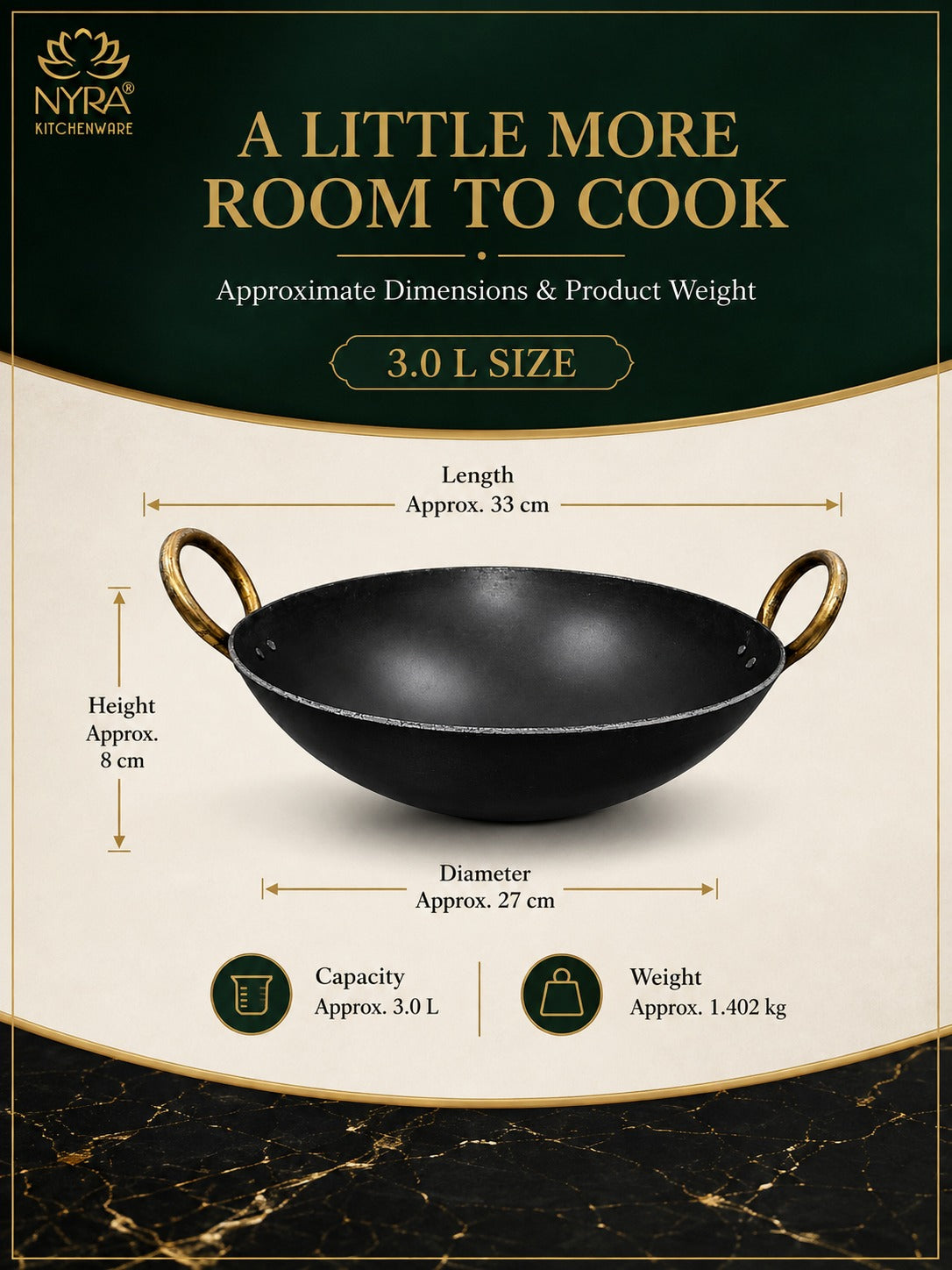 A black 3.0 L size kitchen kadhai/wok with gold-toned handles, shown with dimension lines and text on a cream and dark green graphic background.