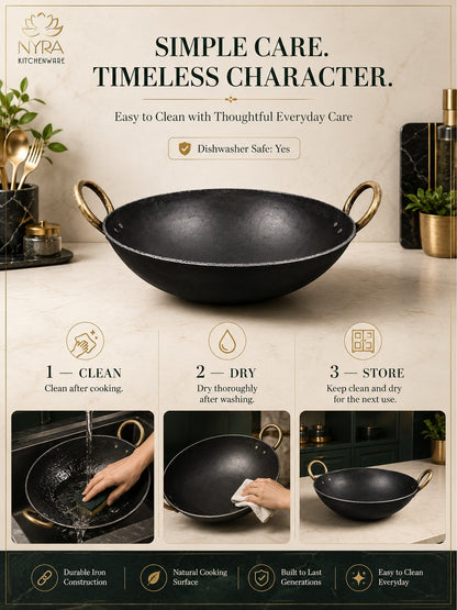 A black cast iron wok with gold-toned handles on a beige kitchen countertop, surrounded by promotional text and care instructions. The image includes a brand logo for NYRA KITCHENWARE at the top and three step icons at the bottom illustrating cleaning, drying, and storing the wok.