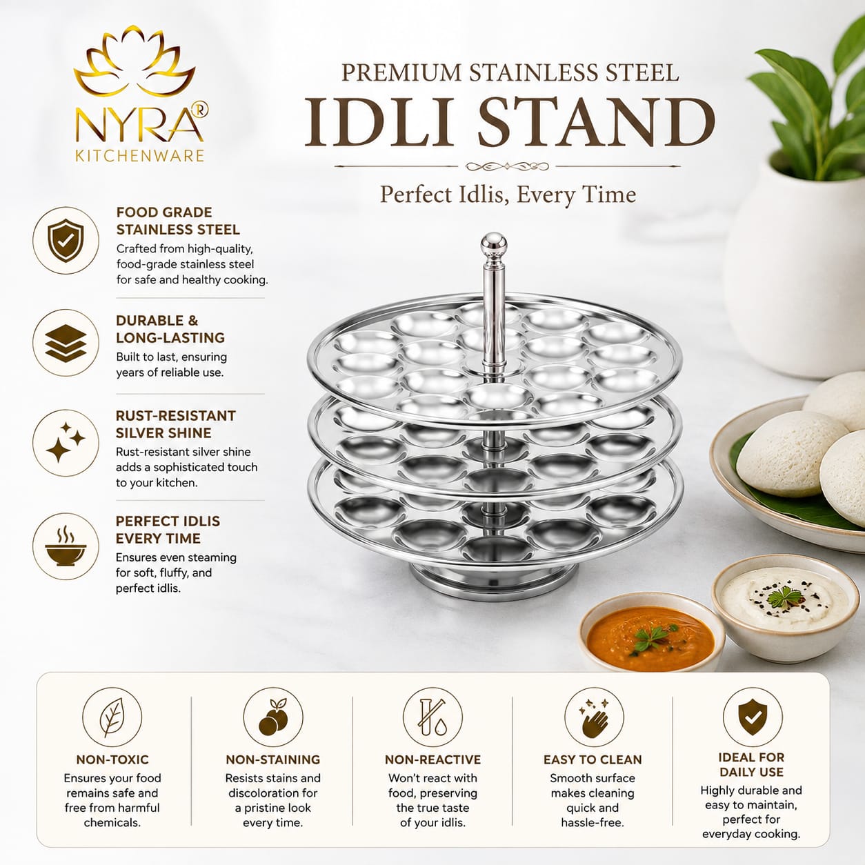 Stainless Steel Mini Idli Stand - 3 & 4 Plates | Makes 45 to 60 Mini Idlis at a time