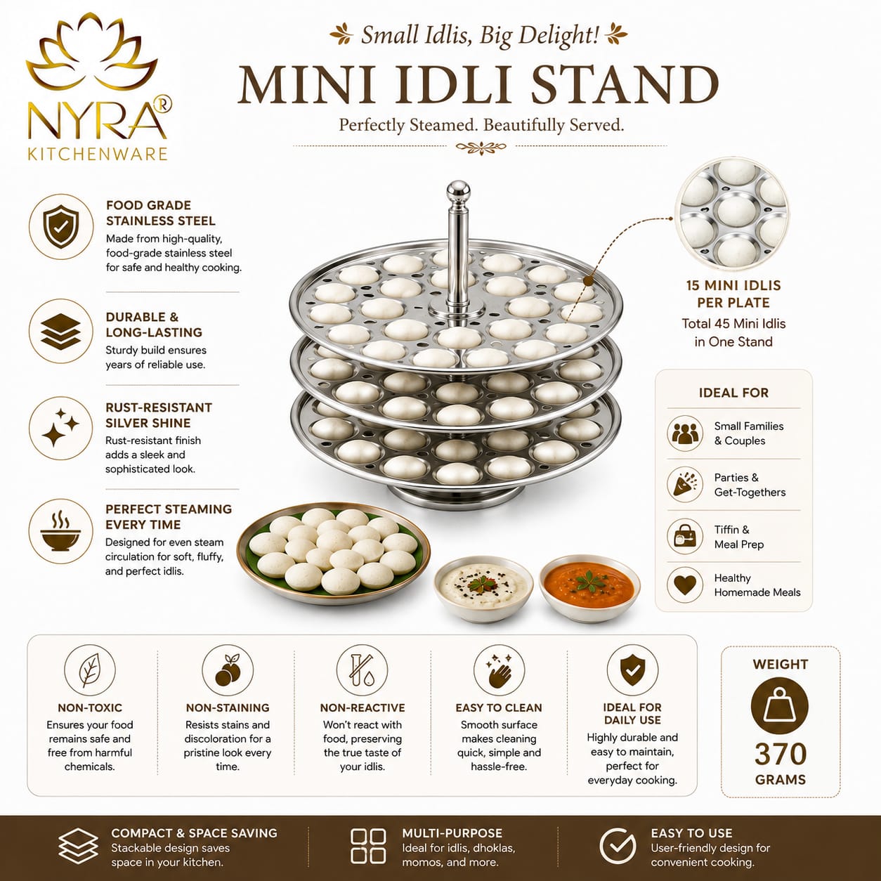 Stainless Steel Mini Idli Stand - 3 & 4 Plates | Makes 45 to 60 Mini Idlis at a time