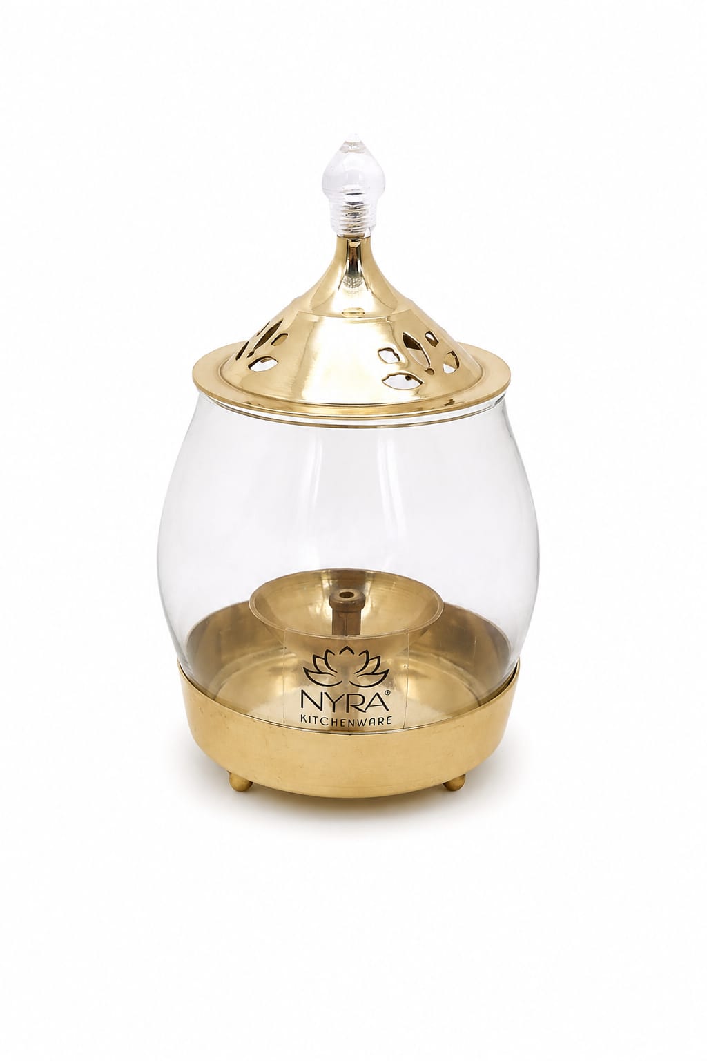 Brass Traditional Diya Stand with Clear Fiberglass Cover/Borosilicate Glass