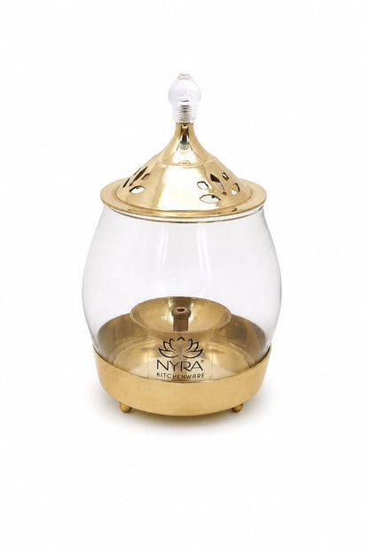 Brass Traditional Diya Stand with Clear Fiberglass Cover/Borosilicate Glass