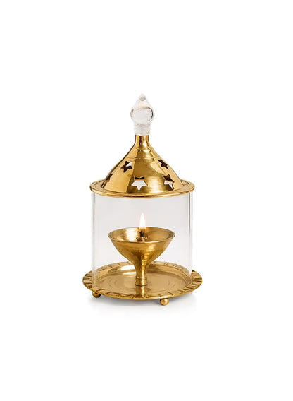 Brass Akhand Jyoti Diya with Borosiliate Glass Cover and Agarbatti stand Set/Combo