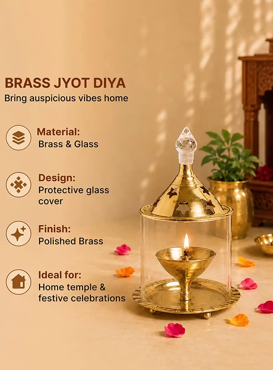 Brass Akhand Jyoti Diya with Borosiliate Glass Cover and Agarbatti stand Set/Combo