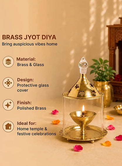 Brass Akhand Jyoti Diya with Borosiliate Glass Cover and Agarbatti stand Set/Combo