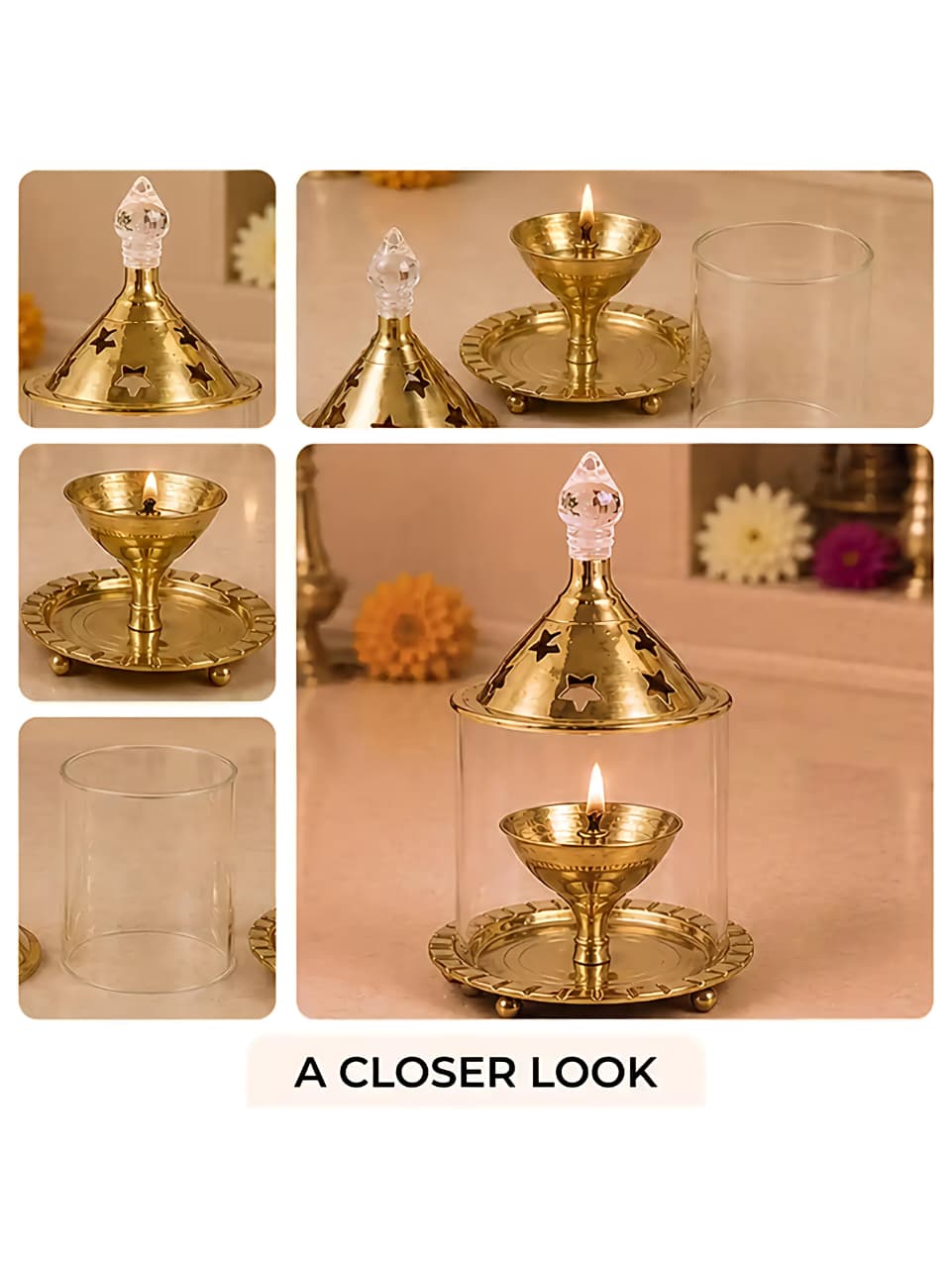 Brass Akhand Jyoti Diya with Borosiliate Glass Cover and Agarbatti stand Set/Combo