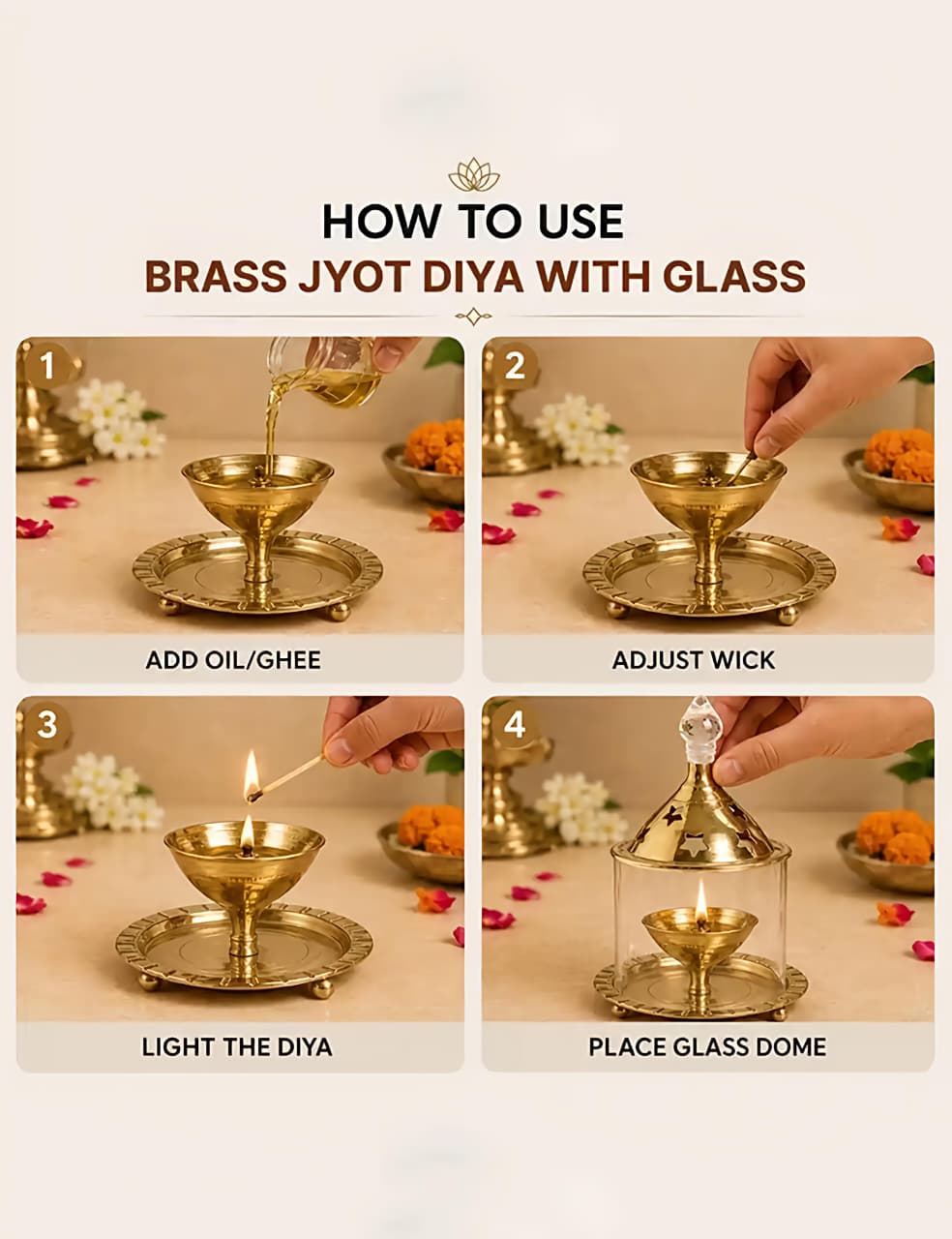Brass Akhand Jyoti Diya with Borosiliate Glass Cover and Agarbatti stand Set/Combo