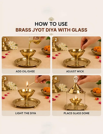 Brass Akhand Jyoti Diya with Borosiliate Glass Cover and Agarbatti stand Set/Combo
