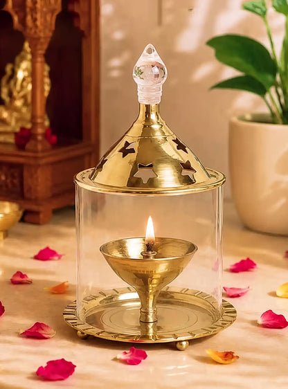 Brass Akhand Jyoti Diya with Borosiliate Glass Cover and Agarbatti stand Set/Combo