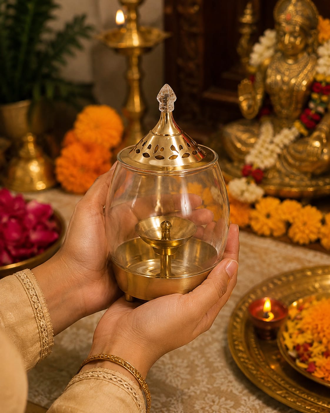 Brass Traditional Diya Stand with Clear Fiberglass Cover/Borosilicate Glass