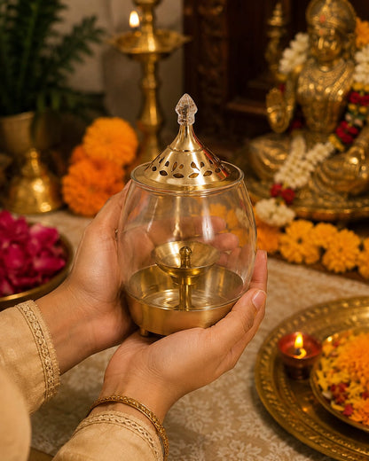 Brass Traditional Diya Stand with Clear Fiberglass Cover/Borosilicate Glass