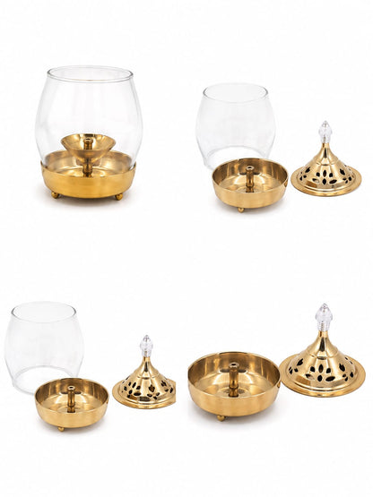 Brass Traditional Diya Stand with Clear Fiberglass Cover/Borosilicate Glass