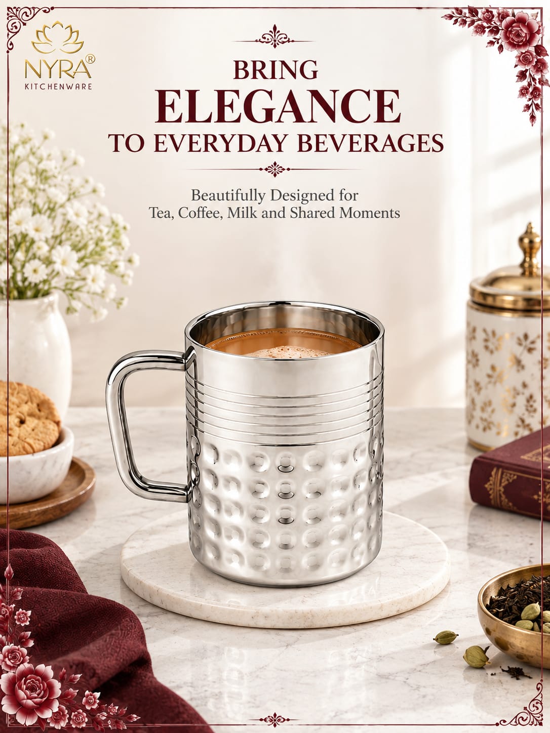 Stainless Steel Hammered Finish Double-Walled Insulated Cup/Mug Set