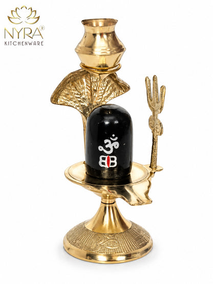 Pure Brass Shivling with Black Lingam, Trishul & Kalash | Mahadev Shivling Statue for Home Temple Decor | Shiva Lingam Brass Pooja Item