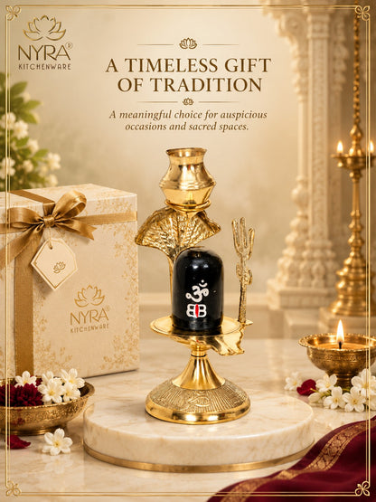 Pure Brass Shivling with Black Lingam, Trishul & Kalash | Mahadev Shivling Statue for Home Temple Decor | Shiva Lingam Brass Pooja Item
