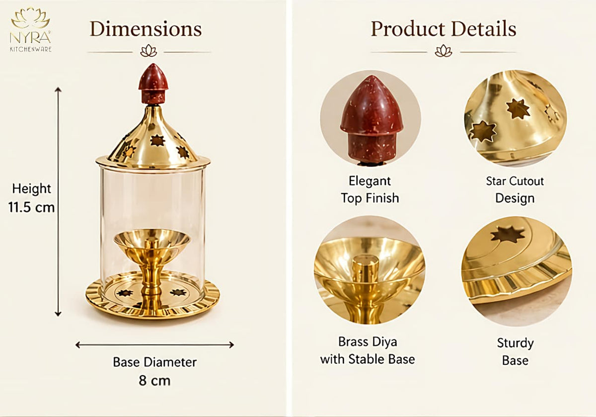 Brass Akhand Jyoti Diya with Borosiliate Glass Cover and Agarbatti stand Set/Combo