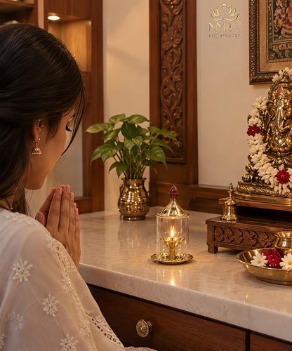 Nyra® Brass Akhand Diya with Borosilicate Glass Cover | Timeless Elegance for Your Sacred Space