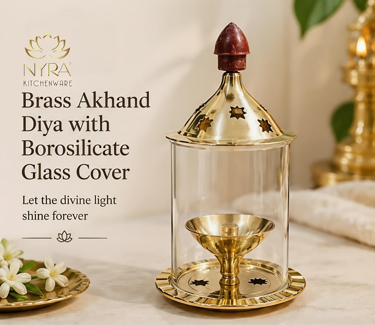 Nyra® Brass Akhand Diya with Borosilicate Glass Cover | Timeless Elegance for Your Sacred Space