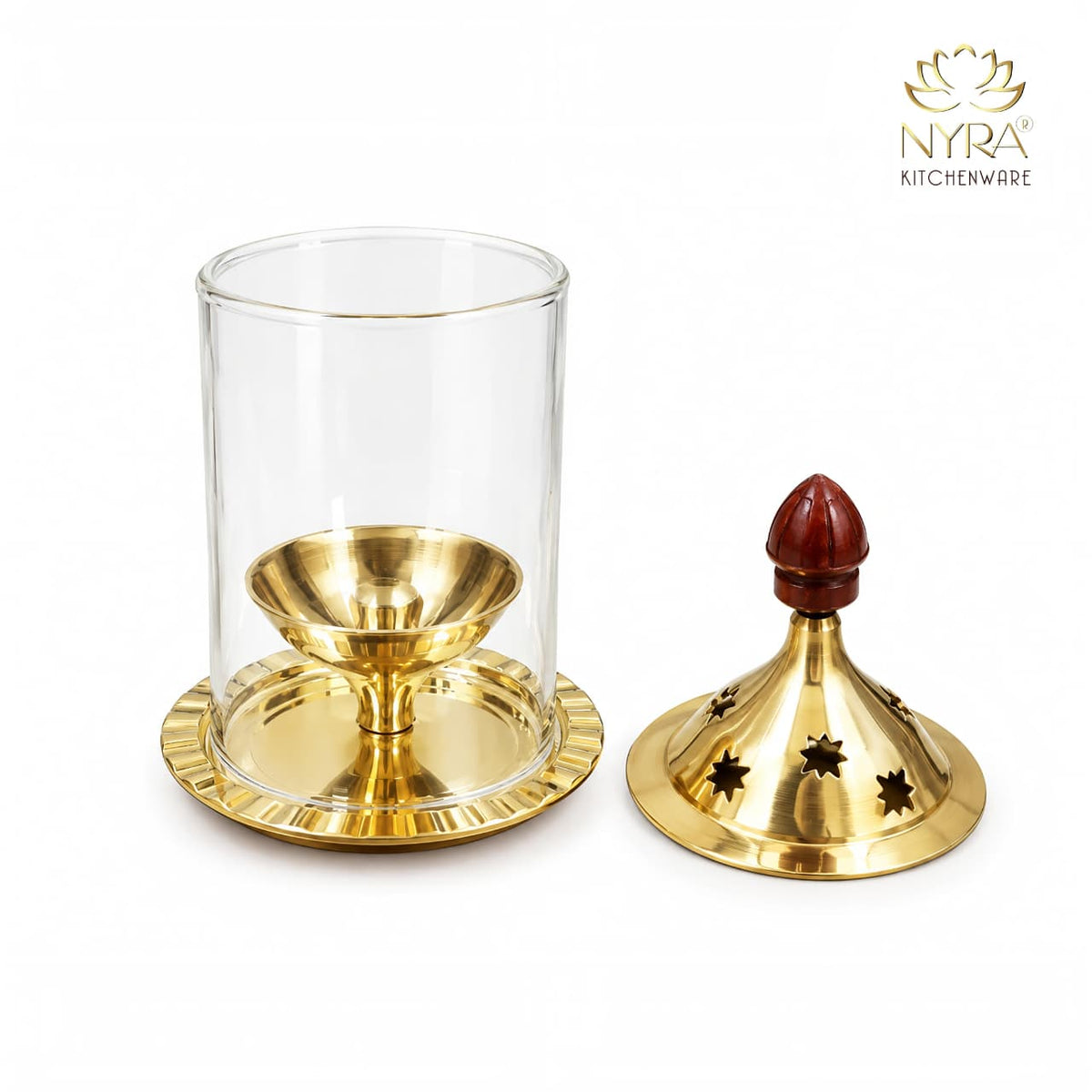 Brass Akhand Jyoti Diya with Borosiliate Glass Cover and Agarbatti stand Set/Combo