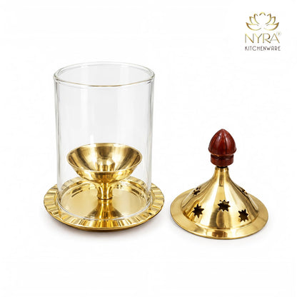 Brass Akhand Jyoti Diya with Borosiliate Glass Cover and Agarbatti stand Set/Combo