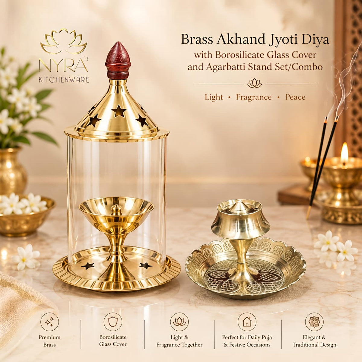 Brass Akhand Jyoti Diya with Borosiliate Glass Cover and Agarbatti stand Set/Combo