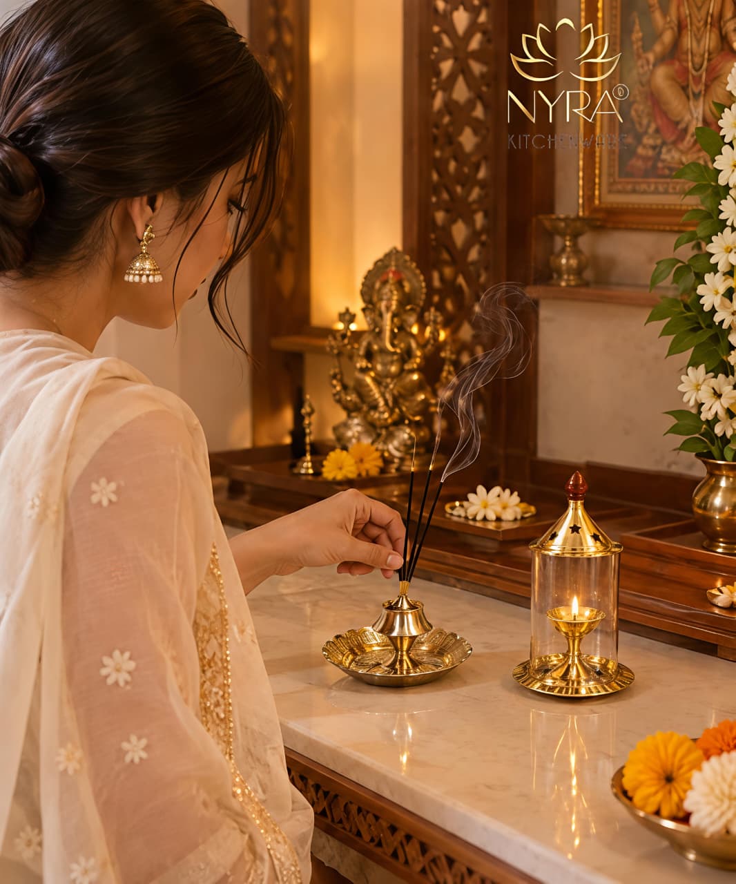 Brass Akhand Jyoti Diya with Borosiliate Glass Cover and Agarbatti stand Set/Combo