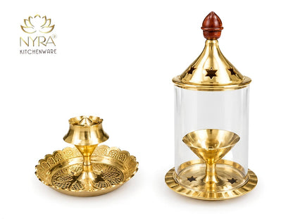 Brass Akhand Jyoti Diya with Borosiliate Glass Cover and Agarbatti stand Set/Combo