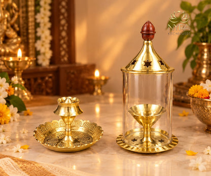 Brass Akhand Jyoti Diya with Borosiliate Glass Cover and Agarbatti stand Set/Combo
