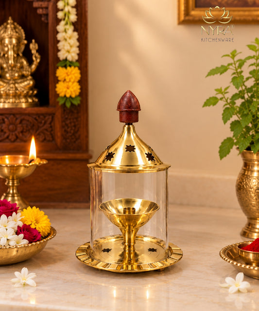 Nyra® Brass Akhand Diya with Borosilicate Glass Cover | Timeless Elegance for Your Sacred Space