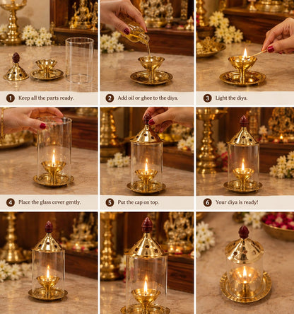 Brass Akhand Jyoti Diya with Borosiliate Glass Cover and Agarbatti stand Set/Combo