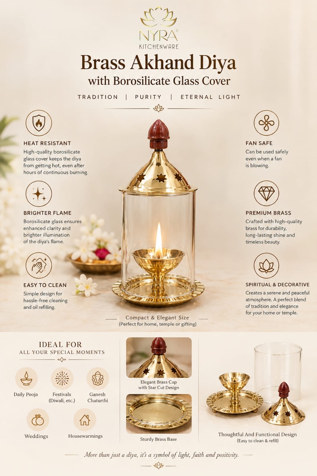Brass Akhand Jyoti Diya with Borosiliate Glass Cover and Agarbatti stand Set/Combo