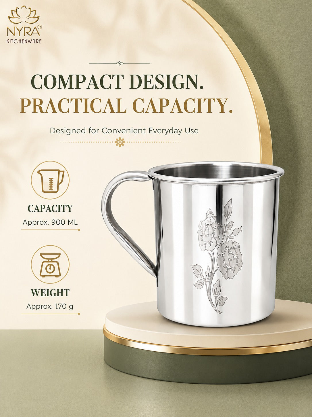 Stainless Steel Laser Printed Mug with Glossy Finish – Set of 3 Pcs