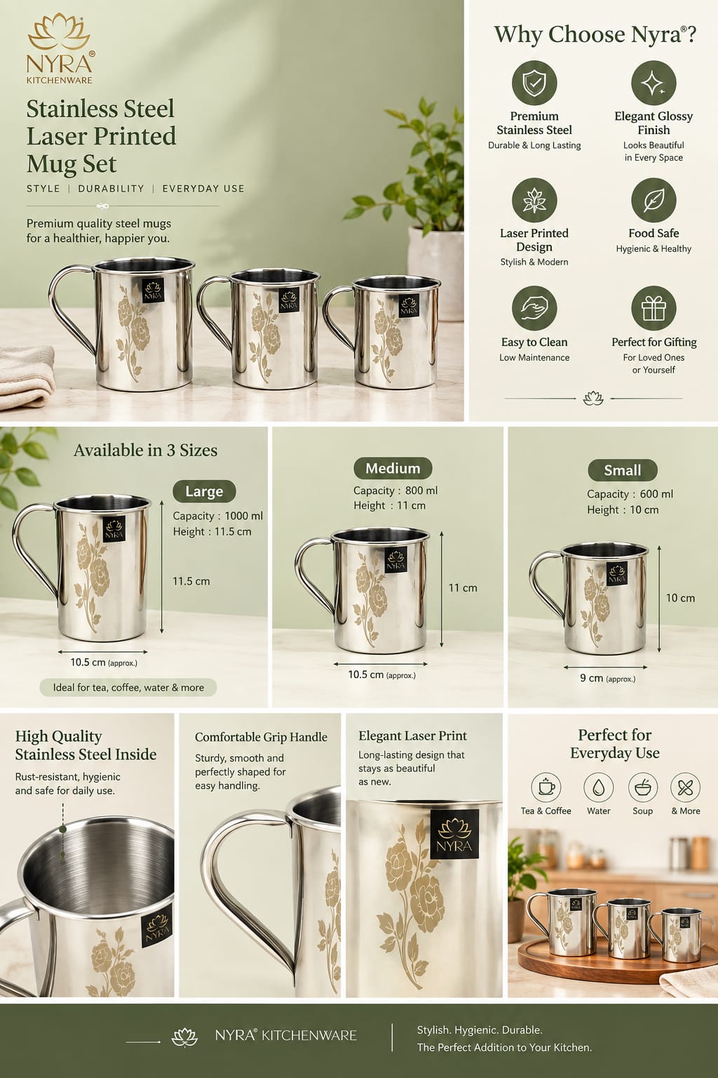 Stainless Steel Laser Printed Mug with Glossy Finish – Set of 3 Pcs