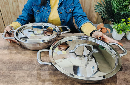 Triply Stainless Steel Kadai with Lid Set of 2pcs. | Heavy Bottom Induction Friendly Cookware Set
