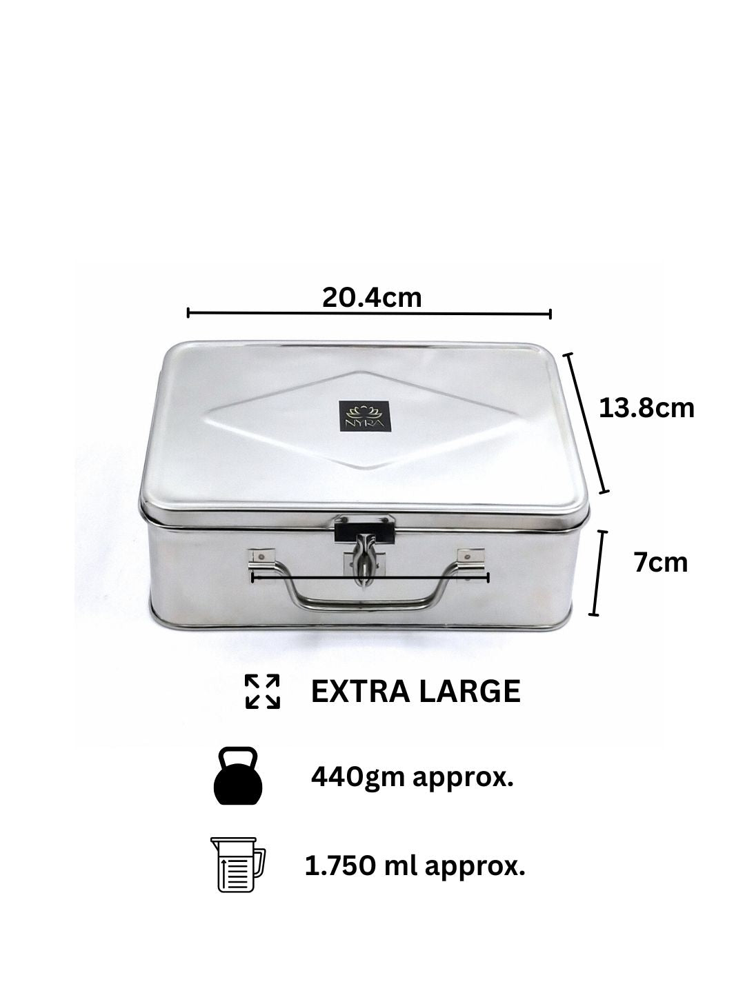 Stainless steel cash box with dimensions and weight information on a white background
