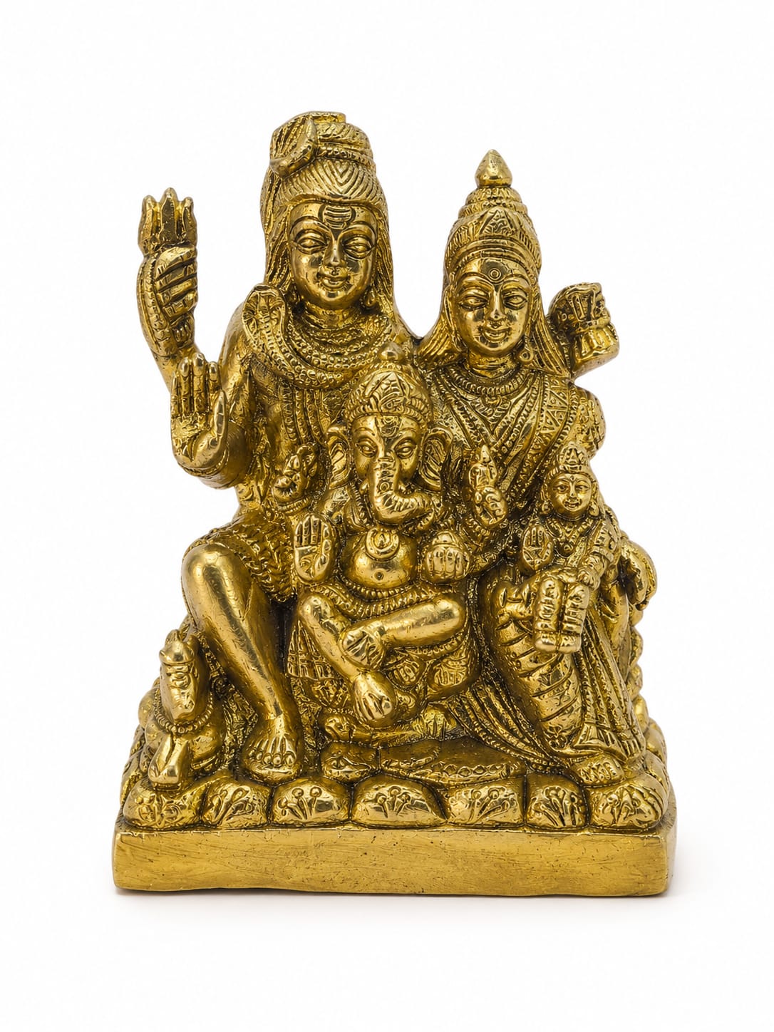 A brass statue depicting Lord Shiva and Goddess Lakshmi with Ganesha and a child, shown on a plain white background.