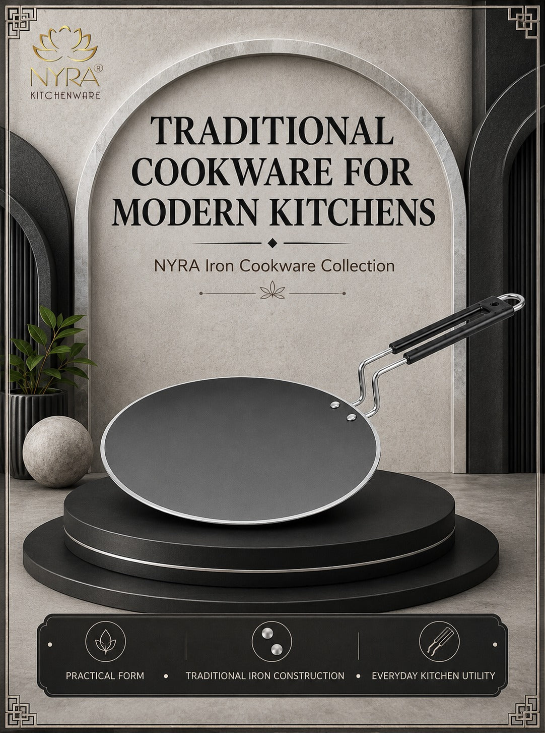 Iron Griddle/Tawa with Durable PVC Handle - Heavy-Duty Flat Pan Cookware