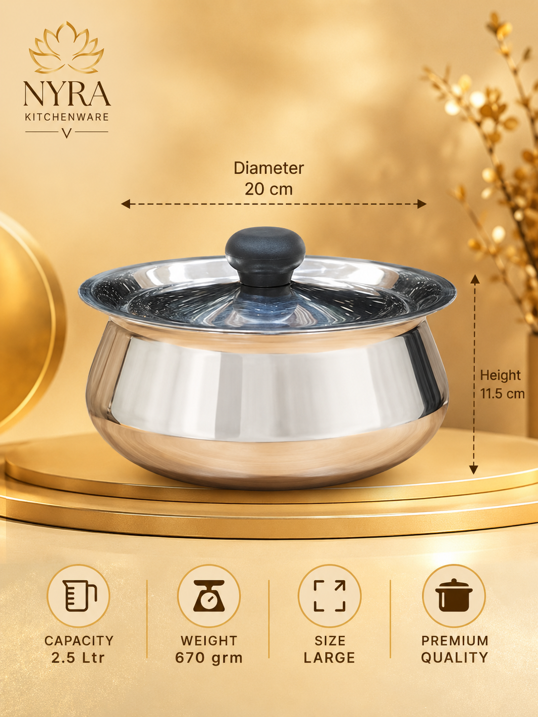 Stainless Steel Pulao Handi with Lid and PVC Knob - Available in 3 sizes