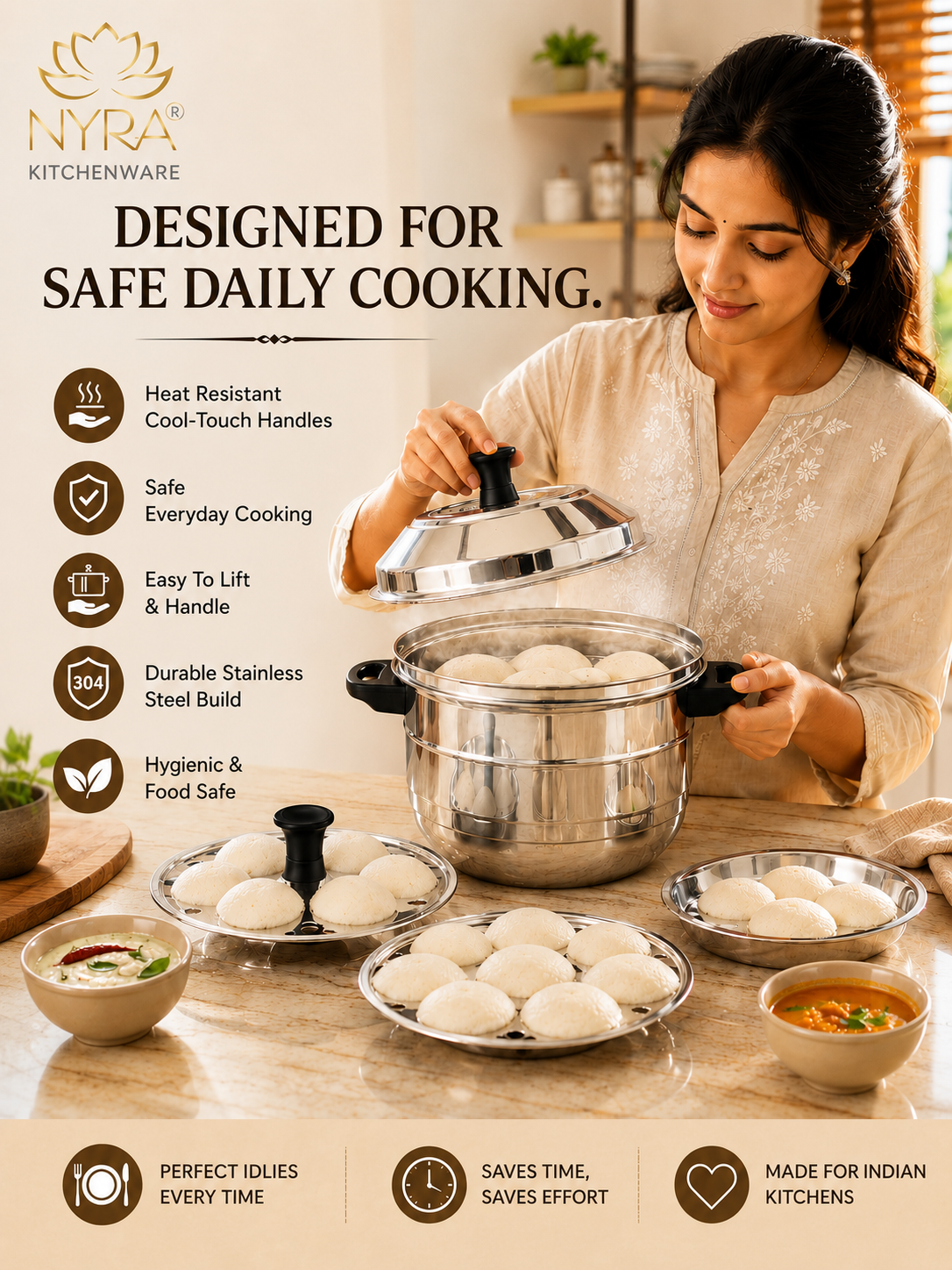 Stainless Steel Idli Cooker - 5 Plates | 3-Tier Steamer for Idli & Multi-Purpose Use