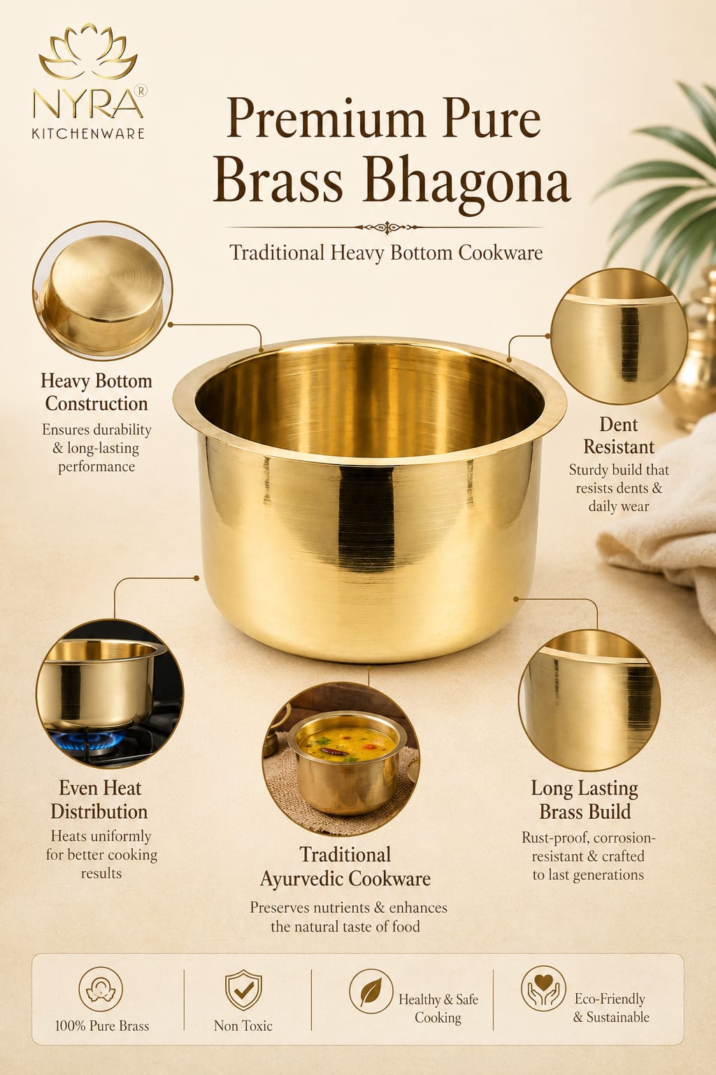 Gold cookware with features highlighted on a beige background, branded as Nyra Kitchenware.