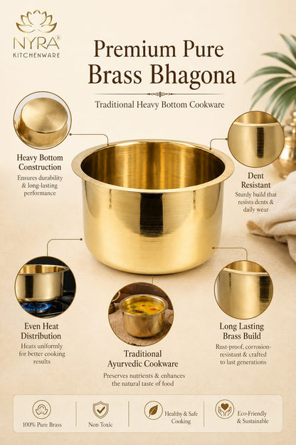 Gold cookware with features highlighted on a beige background, branded as Nyra Kitchenware.