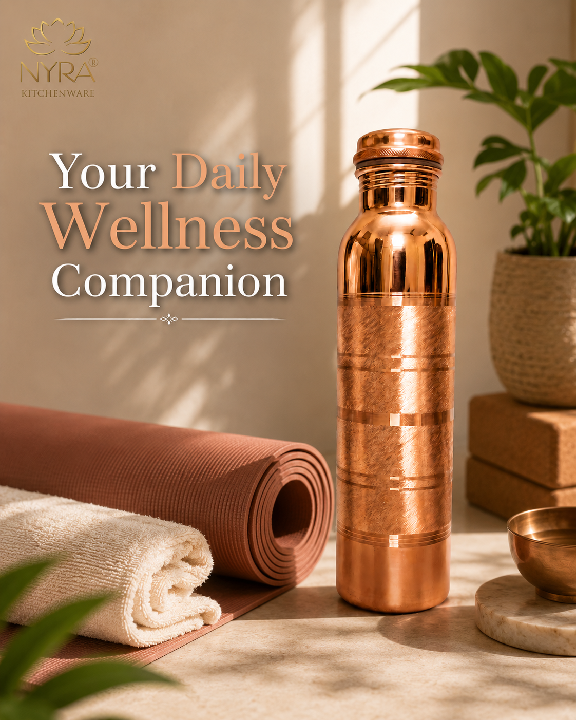 Pure Copper Water Bottle | Leak-Proof with Screw Cap | Glossy Silver-touch Copper Bottle