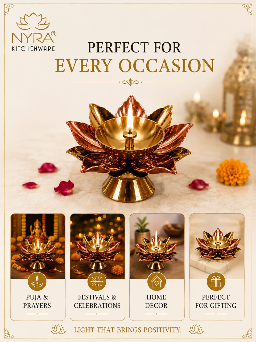 Brass Lotus Kamal Diya | Premium Handmade Akhand Oil Lamp - Pooja Brass Diya Stand