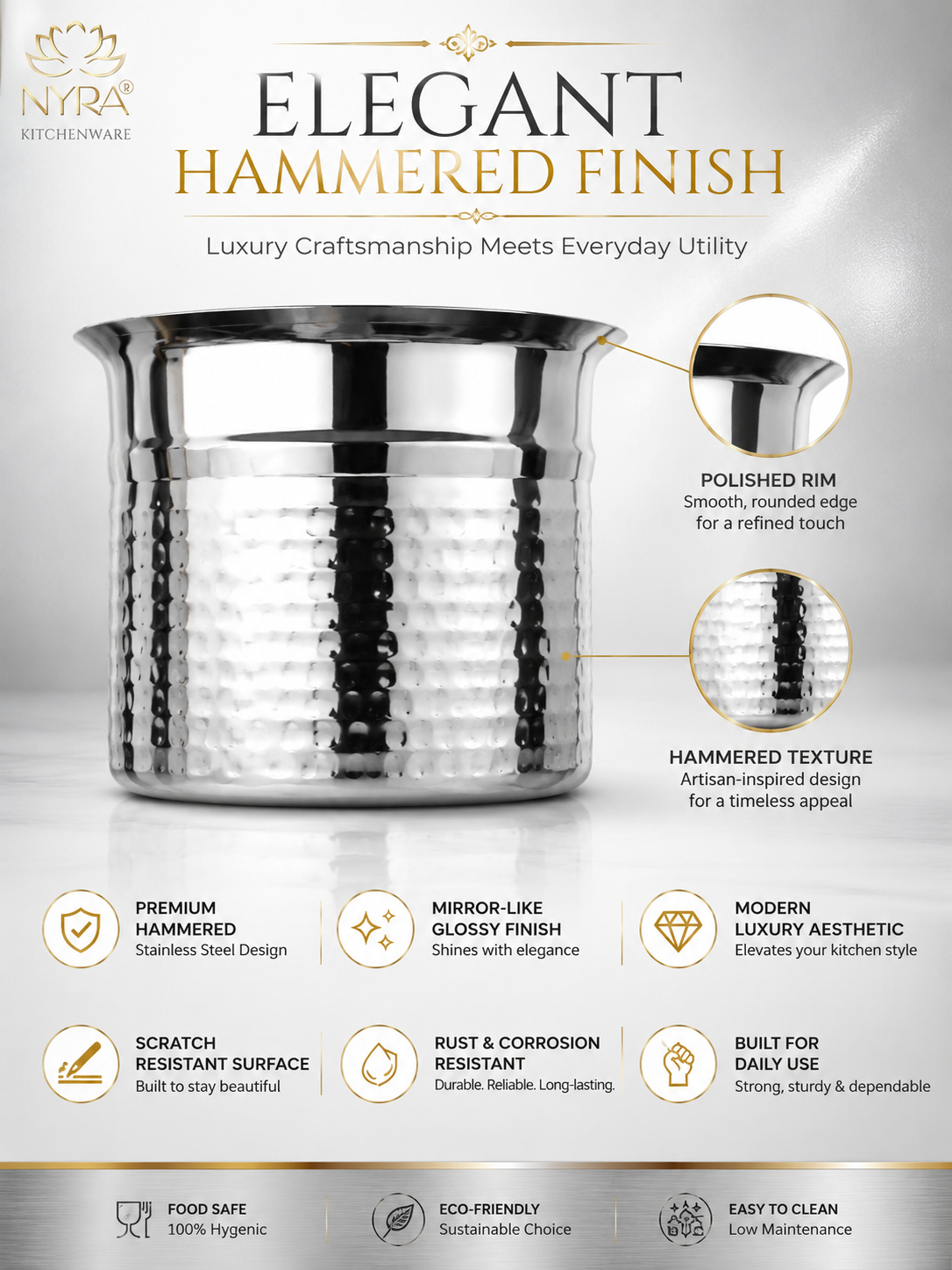 Premium Stainless Steel Hammered Deep Water Gunj - 6 Sizes