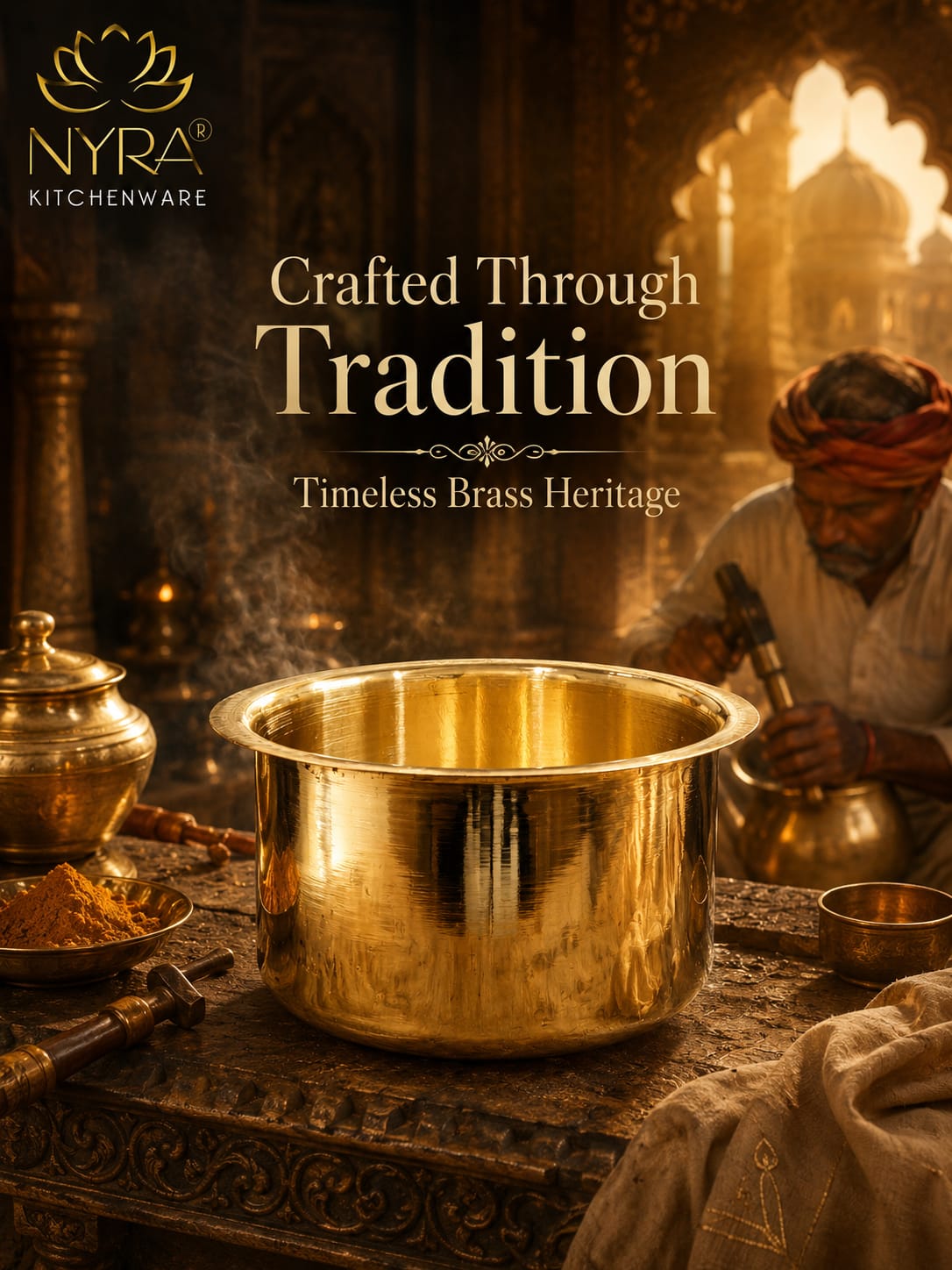 Brass kitchenware with a person using a traditional tool, set against a warm, rustic background. Nyra Kitchenware branding is visible.
