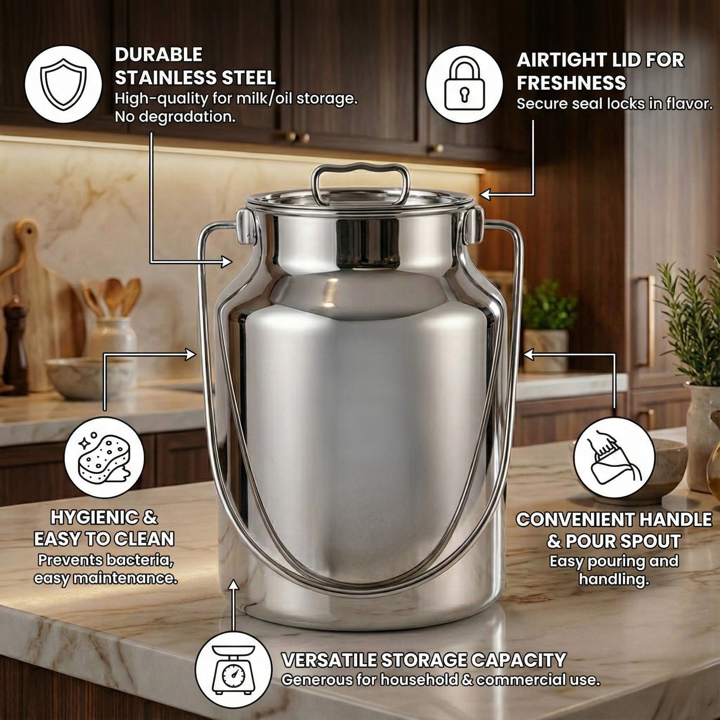 Premium Stainless Steel Milk & Oil Container with Lid – Durable Storage Solution - 6 Sizes